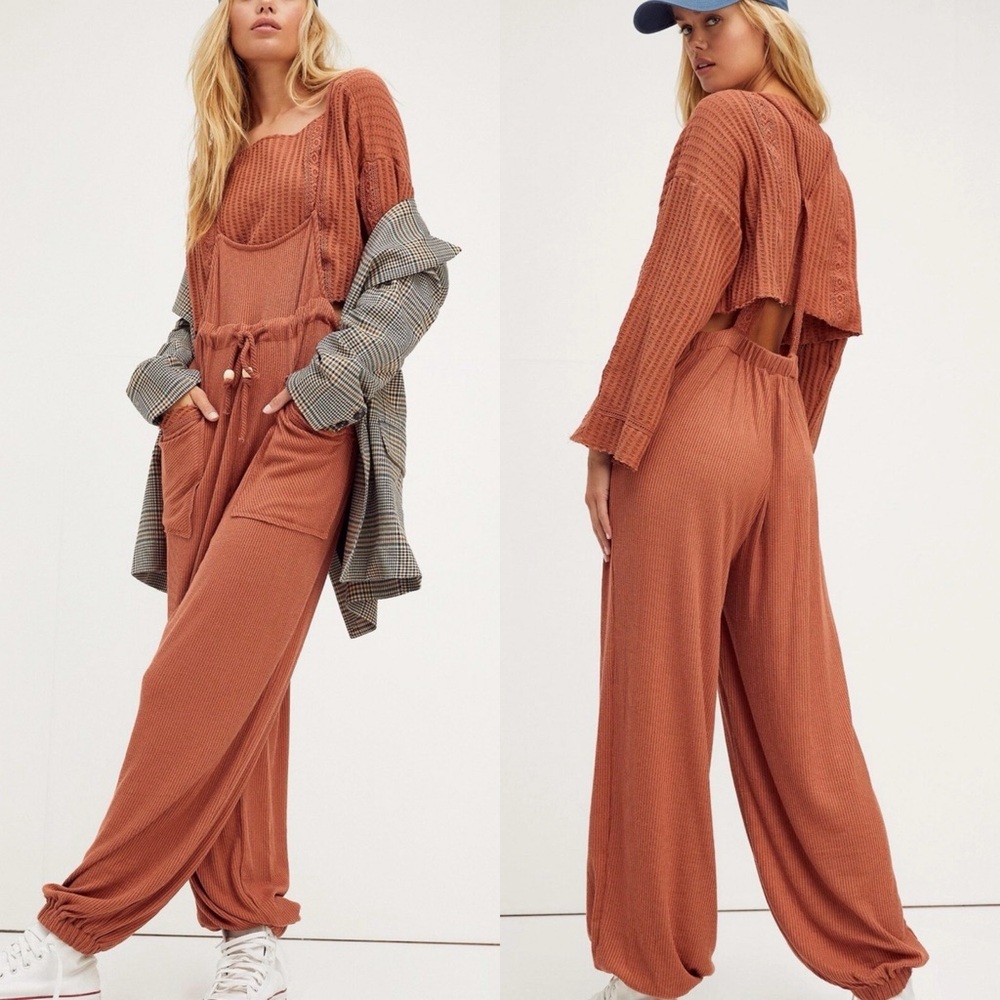Free People / Overall Orange Jumpsuit Knit Lacetrim Dylan Ribbed